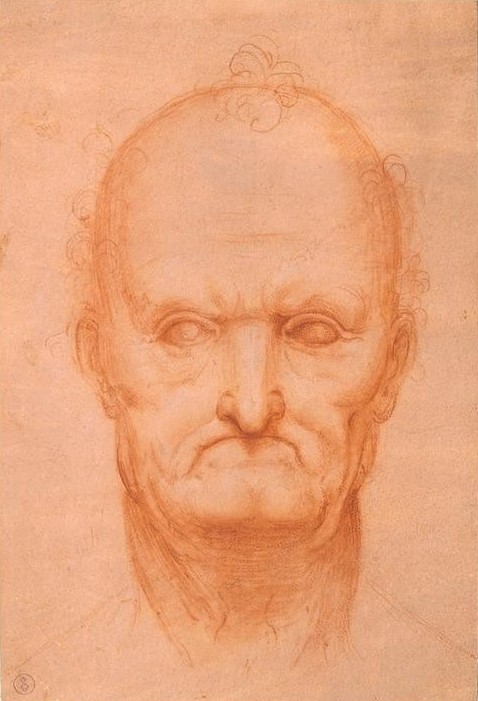 Leonardo da Vinci, Kopfstudie eines alten Mannes (Kunst,Mann,Mensch,Renaissance,Glatze,Portrait,Greis,Studie,Italienische Kunst,Kopfstudie,Grimasse,Hässlichkeit,Kopf,Alter Mann,Mimik,Schlechte Laune,Frontalansicht,Misanthropie,Zahnlos,Gerontologie,Negative Stimmungen Und Gefühle,Vertikale,Sturheit)