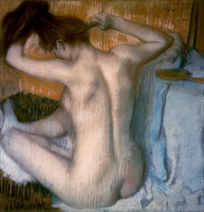 Edgar Degas, Toilette (Körperpflege,Bad,Frau,Haarpflege,Impressionismus,Akt,Rückenakt,Französische Kunst,Sitzen,Haarekämmen)