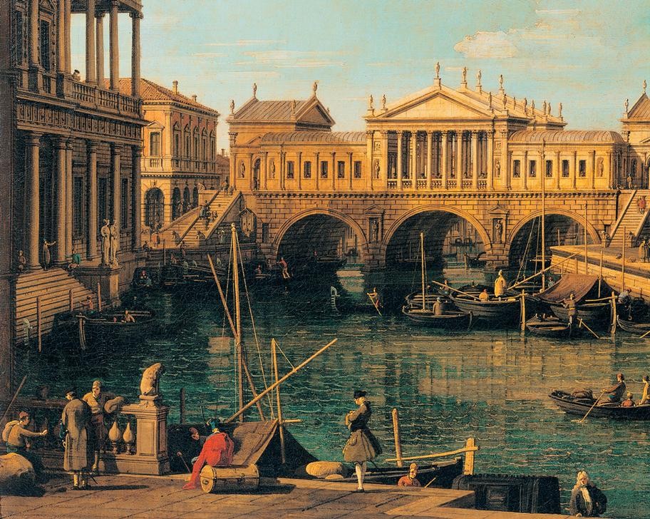 Giovanni Antonio Canaletto, Capriccio with Palladian (Architektur, Wunschgröße, Capriccio, Malerei, Venedig, Städte, Canal Grande, Rialtobrücke-Entwurf, Gondeln, Boote, Alltag, Italien, Klassiker, Wohnzimmer, bunt)