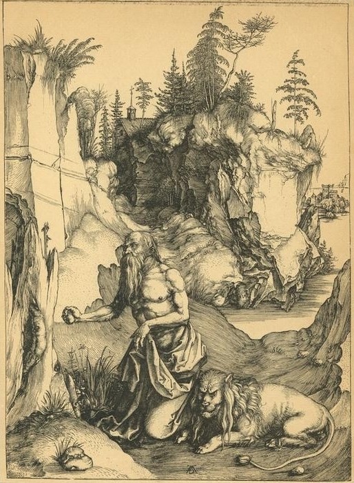 Albrecht Dürer, Der heilige Hieronymus in der Wüste (Deutsche Kunst,Heilige,Landschaft,Löwe (Tier),Renaissance,Eremit,Geisselung,Busse)