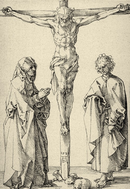 Albrecht Dürer, Christus am Kreuze mit Maria und Johannes (Christentum,Deutsche Kunst,Religion,Renaissance,Neues Testament,Bibel,Kreuzigung,Passion Christi)
