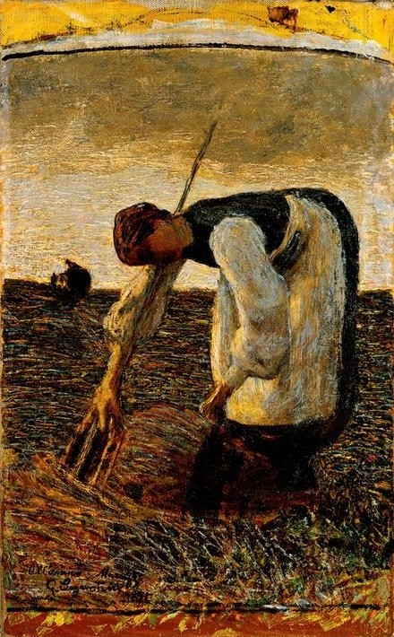 Giovanni Segantini, La racolta del fieno (Arbeit, Bäuerin, Heuernte, Heugabel, Landwirtschaft, Landarbeit, Realismus, Malerei, klassische Moderne, Wunschgröße, Wohnzimmer)