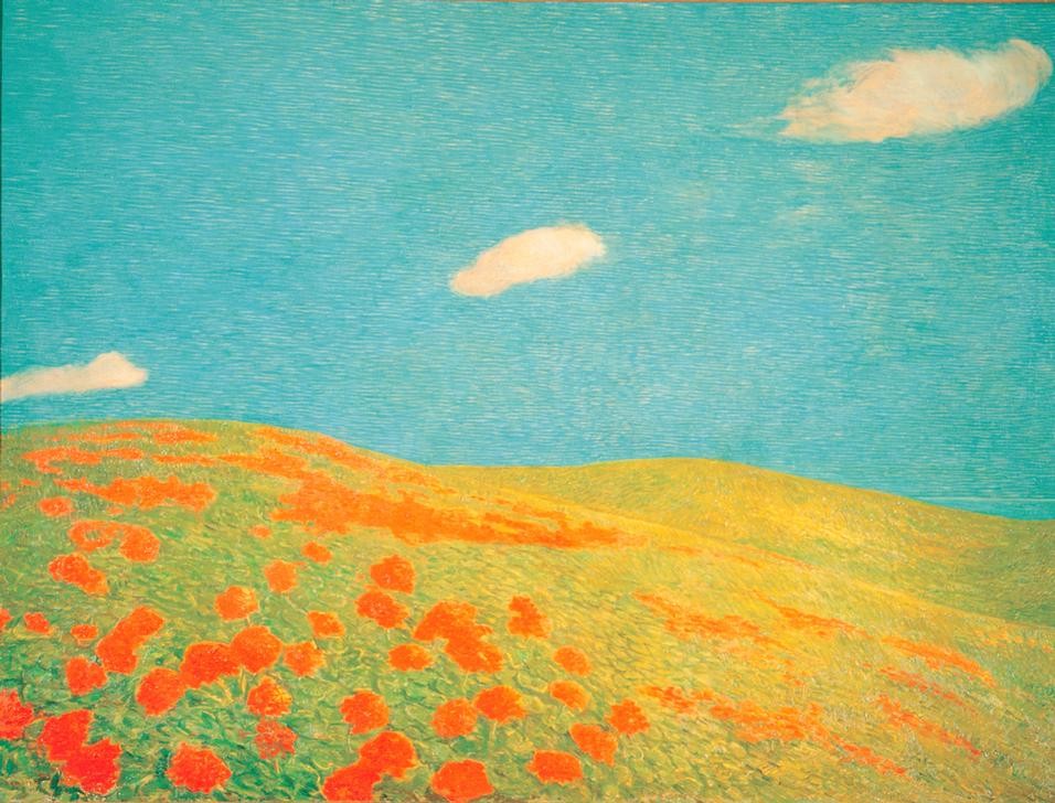 Gaetano Previati, Hills of Liguria (Landschaft, Hügel, Wiese, Mohnblumen, Himml, Wolken, Italien, Ligurien, Symbolismus, Malerei, Klassische Moderne, Wunschgröße, Wohnzimmer, Esszimmer)