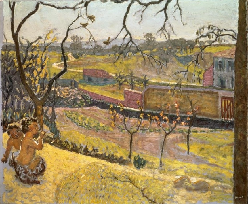 Pierre Bonnard, Frühlingsanfang. Kleine Faune (Jahreszeiten, Landschaft, Mythologie, Frühling, Fabelwesen, Faun, Flötenspieler, Post-Impressionismus, Wohnzimmer, Wunschgröße, Klassische Moderne,)