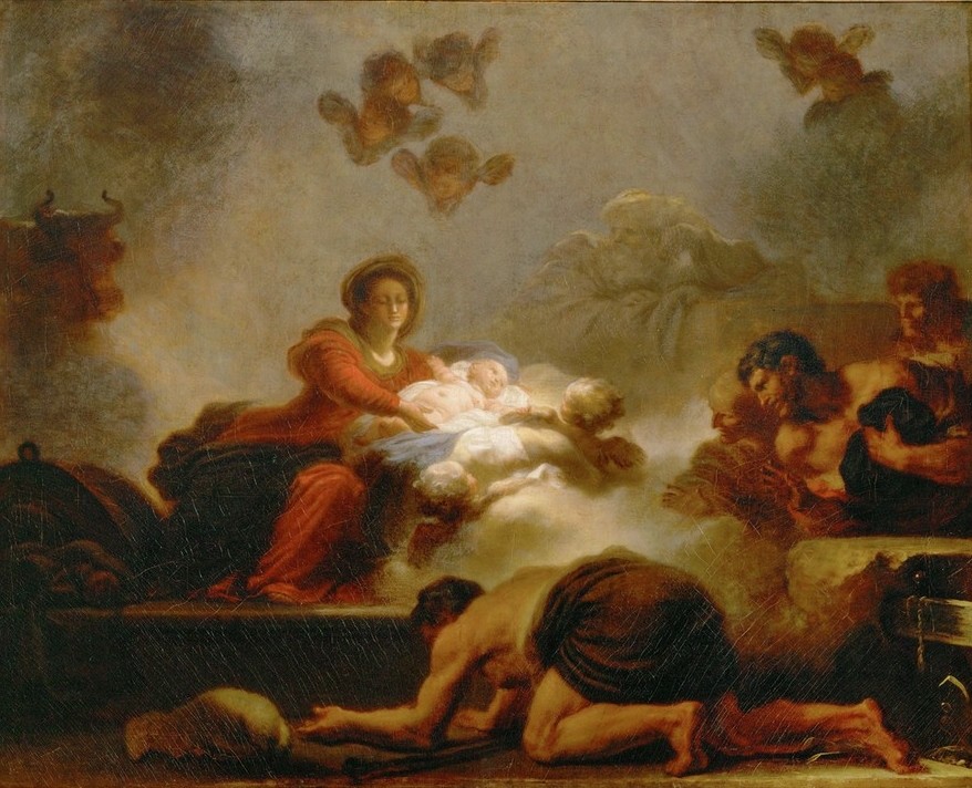 Jean-Honoré Fragonard, Die Anbetung der Hirten (Heilige Familie, Anbetung, Hirten, Engel, Geburt Christi, Christentum, Religion, Neues Testament, Bibel,Wohnzimmer, Rokoko, Malerei, Wunschgröße  Klassiker, bunt)