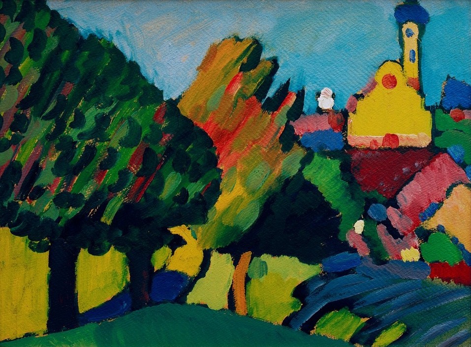 Wassily Kandinsky, Murnau – Herbstliche Landschaft mit Kirche (Herbst,Jahreszeiten,Kirche,Kunst,Landschaft,Baum,Expressionismus,Russische Kunst,Farbe)