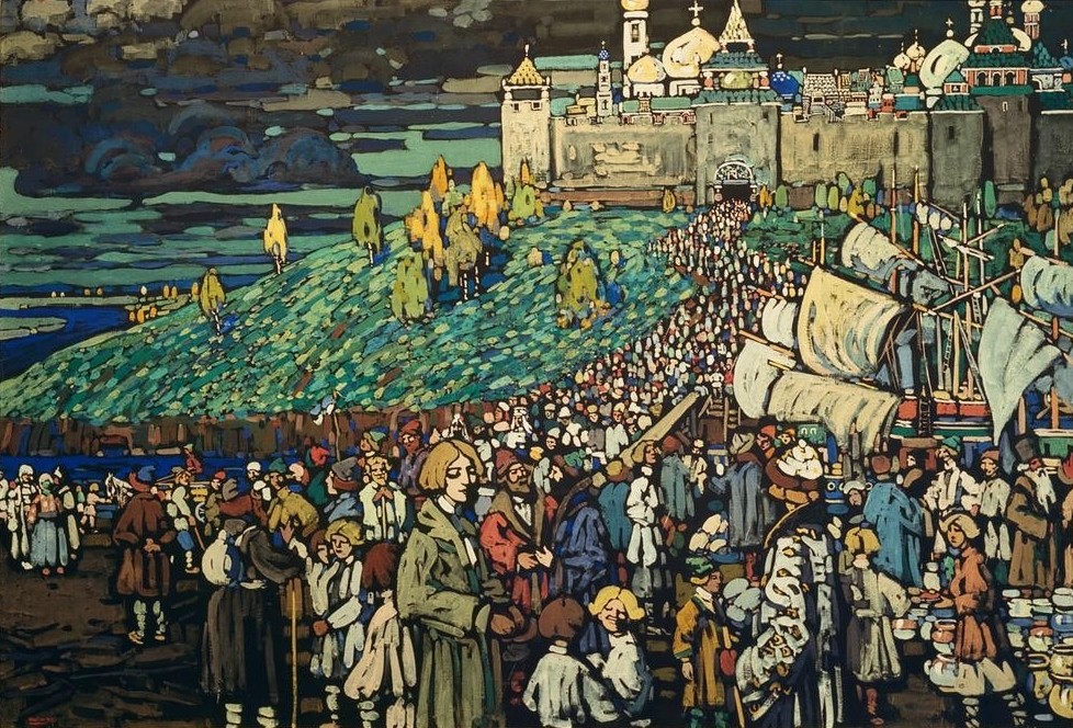 Wassily Kandinsky, Ankunft der Kaufleute (Geschichte,Hafen,Handel,Kunst,Landschaft,Mensch,Schiff,Segelschiff,Stadt,Volkskunde,Der Blaue Reiter,Russische Kunst,Ankunft,Stadtansicht,Menschenmenge,Ansicht,Händler,Russisches Reich,Jahrhundertwende,Land Und Leute,Schifffahrt)