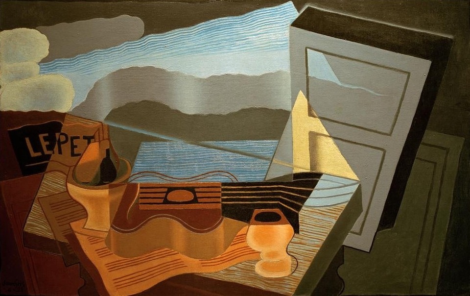 Juan Gris, Blick auf die Bucht (Gitarre, Musikinstrument, Tür, Stillleben, Ausblick, Meer,  Kubismus,  Klassische Moderne, Malerei, Wohnzimmer, Wunschgröße, bunt)