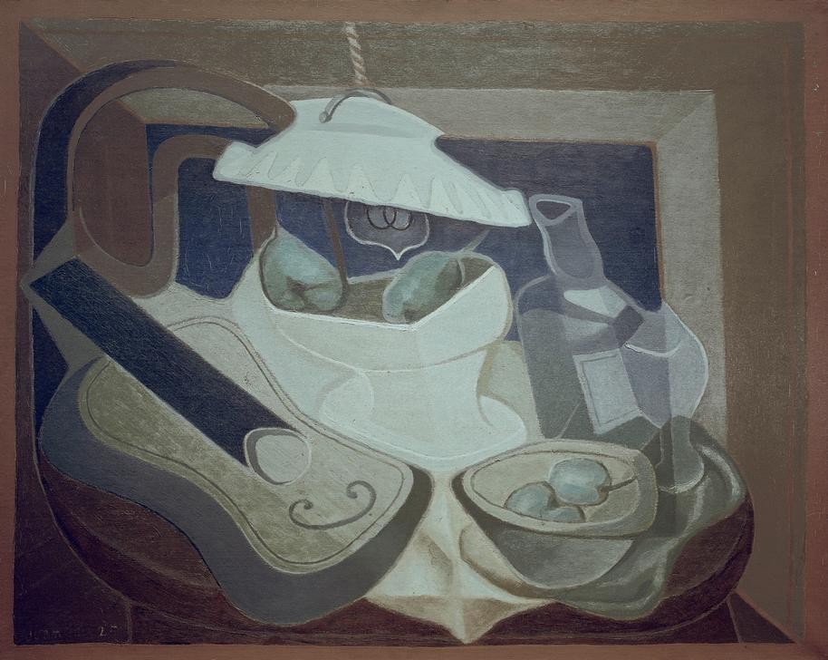 Juan Gris, Elektrische Lampe (Stillleben, Gitarre, Obstschale, Lampe, Flasche, Kubismus, Klassische Moderne, Malerei, Wohnzimmer, Wunschgröße, bunt)