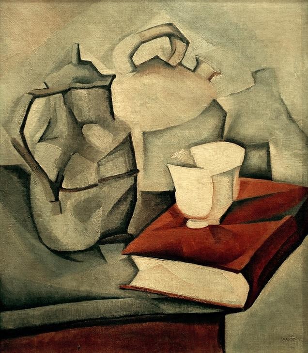 Juan Gris, Das Buch (Buch, Kanne,  Kessel, Becher, Stillleben, Kubismus,  Klassische Moderne, Malerei, Wohnzimmer, Esszimmr Wunschgröße, bunt)