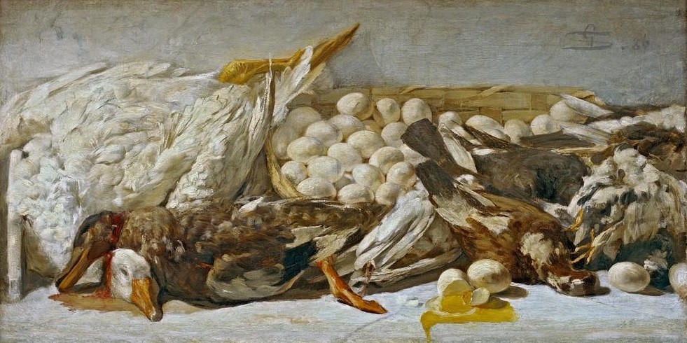 Giovanni Segantini, Stilleben (Stillleben, Geflügel, Eier, Vanitas, Vergänglichkeit, Realismus, Malerei, klassische Moderne, Wunschgröße, Wohnzimmer, Esszimmer)