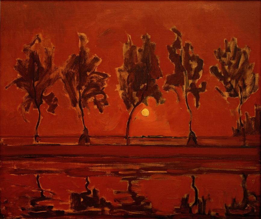 Piet Mondrian, Trees on the Gein: Moonrise (Landschaft,Mond,Baum,Niederländische Kunst,Vollmond,Baumgruppe,Mondaufgang)