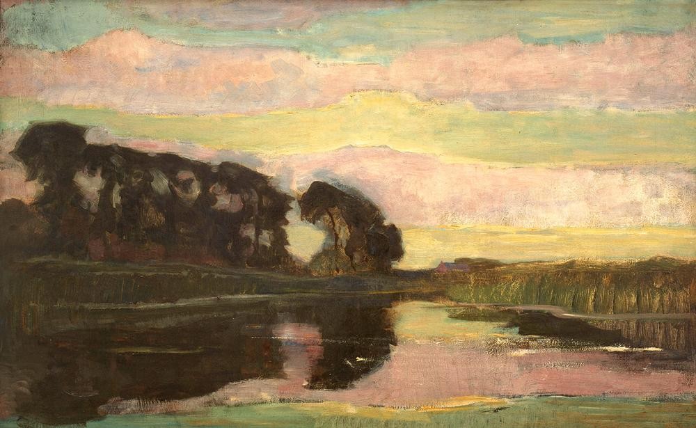 Piet Mondrian, Flußlandschaft mit rosafarbenem und gelbgrünem Himmel (Himmel (Natur),Landschaft,Impressionismus,Fluss,Niederländische Kunst,Rosa (Farbe))