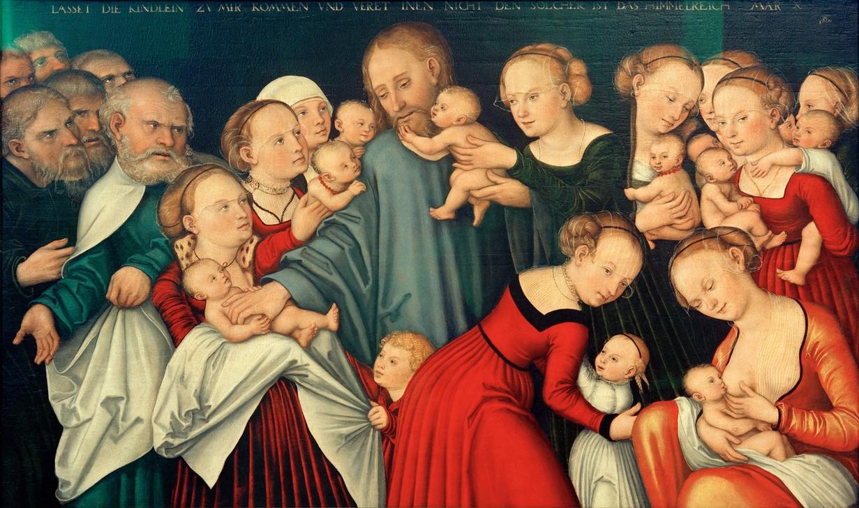 Lucas Cranach der Ältere, Christus segnet die Kinder (Bibel, Neues Testament, Jesus Christus, Segnen, Kinder, Mütter, Menschenmenge, Klassiker, Renaissance, Wunschgröße, Wohnzimmer)