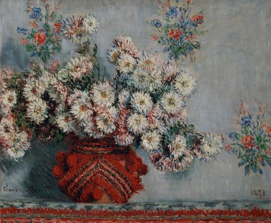 Claude Monet, Chrysanthèmes (Botanik,Chrysanthemum,Impressionismus,Stillleben,Blumenstrauss,Vase,Französische Kunst,Gefäss,Blume,Blumentopf,Signatur)