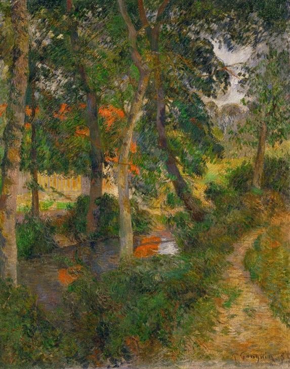 Paul Gauguin, La sente du père Jean ou les toits rouges (Landschaft,Wasser,Wald,Impressionismus,Fluss,Baum,Französische Kunst,Bach,Synthetismus,Pfad,Vier Elemente)