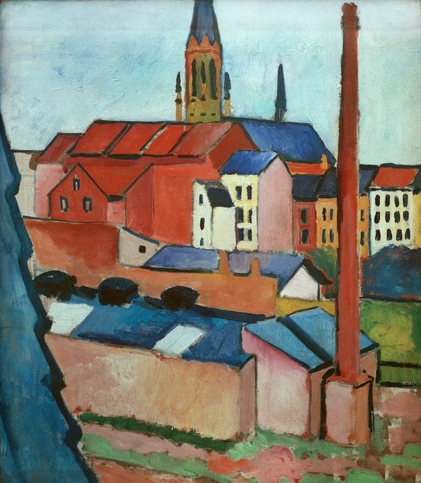 August Macke, Marienkirche mit Häusern und Schornstein (Architektur,Deutsche Kunst,Expressionismus,Architekturdarstellung,Stadtlandschaft)