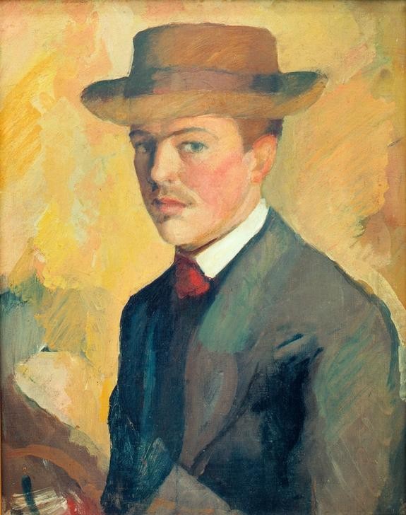 August Macke, Selbstporträt mit Hut (Deutsche Kunst,Herrenhut,Künstler,Kunst,Maler (Künstler),Mann,Hut,Selbstbildnis,Portrait,Person)