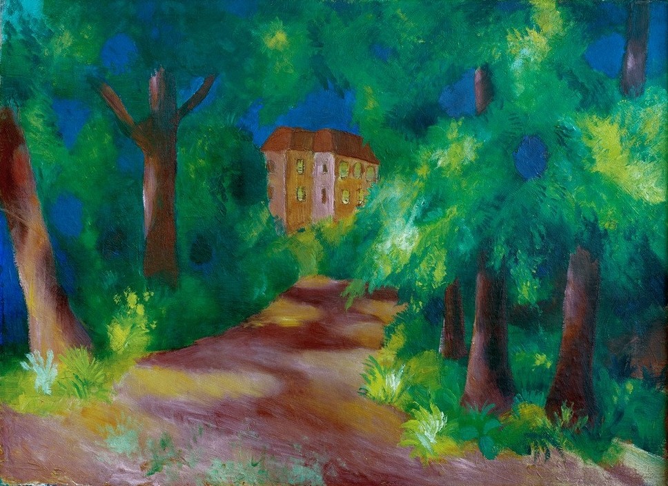 August Macke, Rotes Haus im Park (Allee,Deutsche Kunst,Haus,Landstrasse,Landschaft,Park,Expressionismus,Geheimnis,Licht,Zauberwald,Rot)