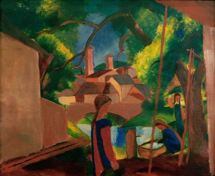 August Macke, Kinder am Brunnen mit Stadt im Hintergrund (Deutsche Kunst,Kind,Landschaft,Stadt,Brunnen,Expressionismus,Architekturdarstellung,Kinderleben)