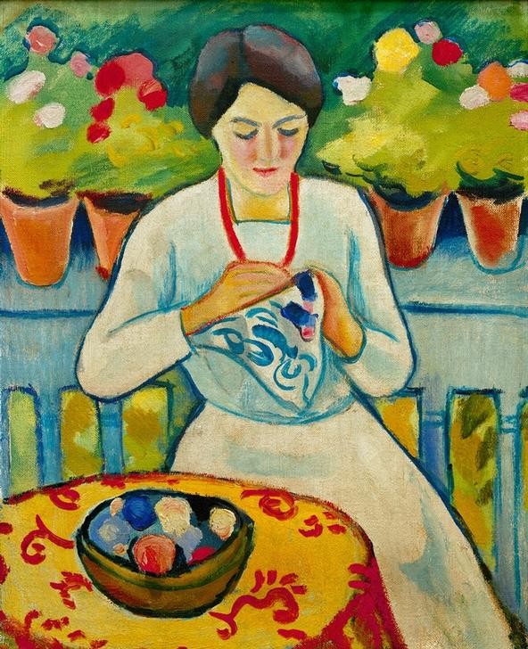 August Macke, Frau auf Balkon (Balkon,Deutsche Kunst,Frau,Handarbeit,Mensch,Sticken,Portrait,Expressionismus)