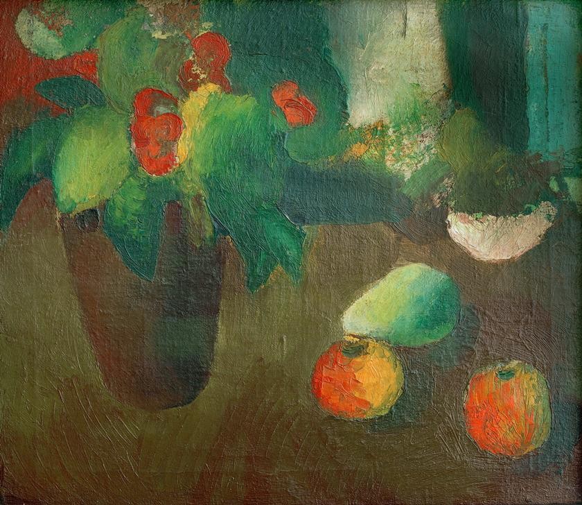 August Macke, Stilleben mit Begonie, Äpfeln und Birne (Apfel,Deutsche Kunst,Kunst,Obst,Stillleben,Expressionismus,Birne,Begonie)