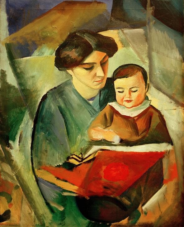 August Macke, Elisabeth und Walterchen (Ehefrau,Buch,Deutsche Kunst,Familie,Frau,Kind,Künstler,Maler (Künstler),Mutter Und Kind,Kleinkind,Ehefrau Von Berühmten,Portrait,Expressionismus,Lesen (Allgemein),Mutter,Künstlerfrau,Mutter Und Sohn,Der Blaue Reiter,Mutterliebe,Knabe,Bilderbuch,Familienle)