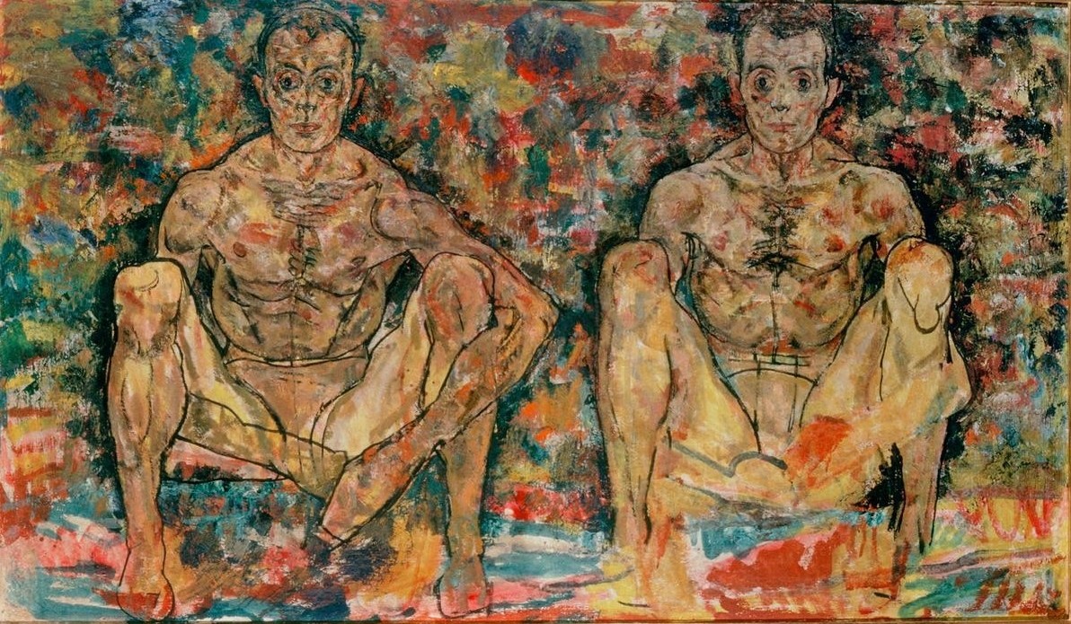 Egon Schiele, Hockendes Männerpaar (Jugendstil,Mann,Akt,Portrait)