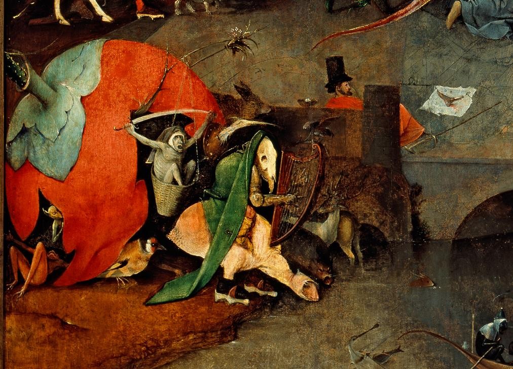 Hieronymus Bosch, Die Versuchung des heiligen Antonius (Apfel,Christentum,Heilige,Kunst,Religion,Altar,Fabelwesen,Triptychon,Dämon,Heiligenlegende,Versuchung,Phantastische Kunst,Niederländische Kunst,Böser Geist,Ausschnitt)