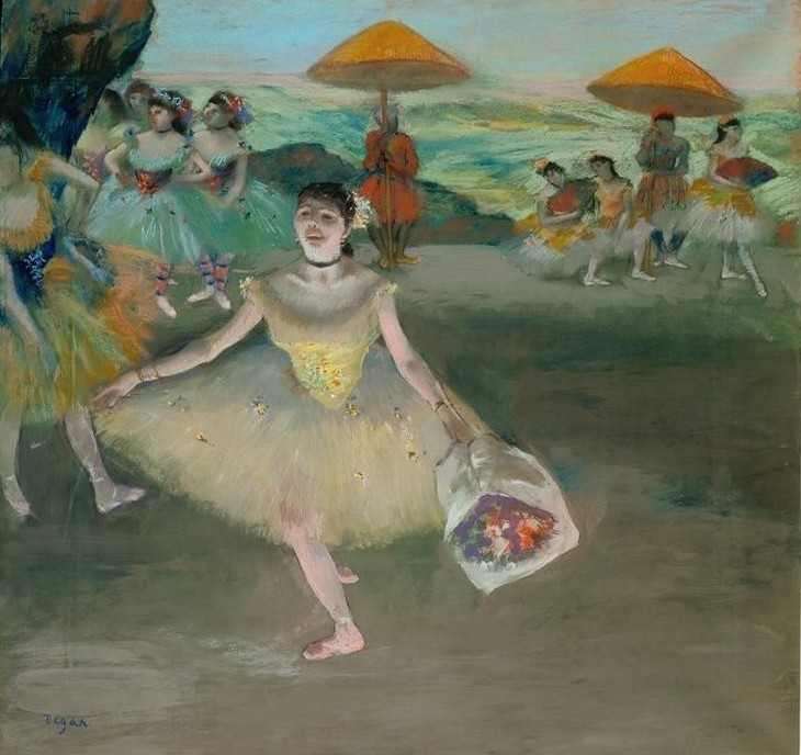 Edgar Degas, Danseuse sur la scene (Ballett,Frau Und Beruf,Frau,Musik,Primaballerina,Tänzerin,Tanz,Theater,Verbeugung,Impressionismus,Bühne,Blumenstrauss,Französische Kunst,Knicks,Ballerina,Klatschen (Applaus))