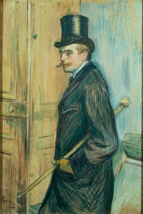 Henri de Toulouse-Lautrec, Louis Pascal (Herrenmode,Kopfbedeckung,Mantel,Mann,Mode,Zigarre,Zylinder (Hut),Lebemann,Hut,Rauchen,Portrait,Stock,Französische Kunst,Spazierstock,Raucher)