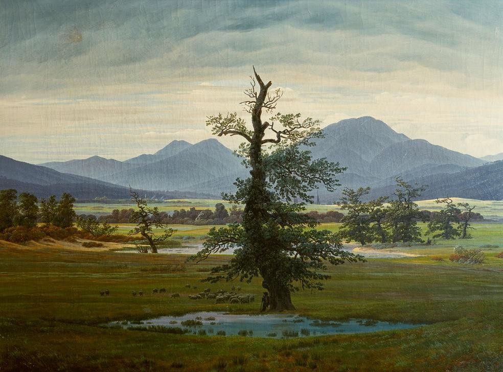 Caspar David Friedrich, Dorflandschaft bei Morgenbeleuchtung (Deutsche Kunst,Eiche,Gebirge,Kunst,Landschaft,Licht Und Beleuchtung,Tageszeiten,Morgen,Baum,Wiese,Einsamkeit,Schafherde,Solitär (Baum),Romantik,Symbolik)