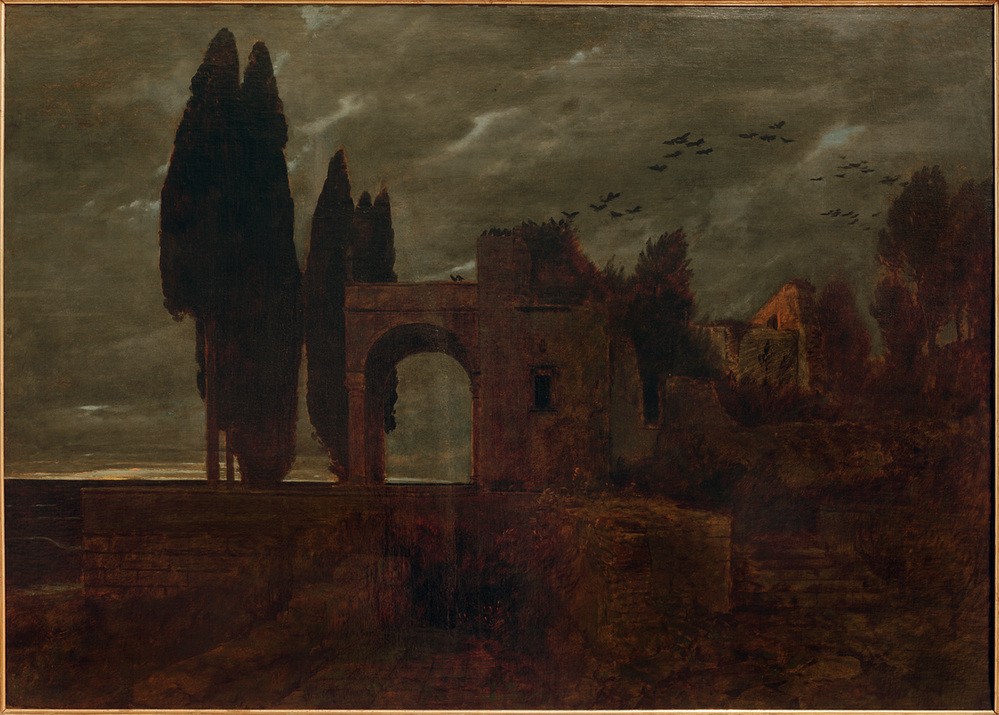 Arnold Böcklin, Ruine am Meer (Küste, Landschaft, Ruine, Nacht, Zypresse, Vogelschwarm, Dunkelheit, Mystisch, Symbolismus, Wunschgröße, Klassiker, Wohnzimmer, bunt)