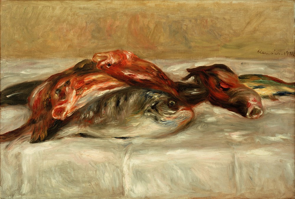 Pierre-Auguste Renoir, Nature morte aux poissons (Stillleben, tote Fische, Tisch, Vergänglichkeit,  Impressionismus, klassische Moderne, Wunschgröße, Wohnzimmer, Malerei)