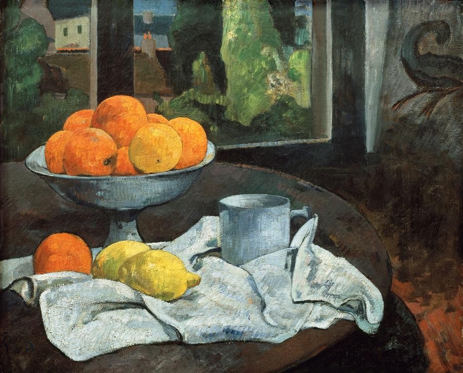 Paul Gauguin, Oranges et citrons avec vue sur Pont– Aven (Kunst,Impressionismus,Stillleben,Blick Aus Dem Fenster,Französische Kunst,Zitrone,Schule Von Pont-Aven,Apfelsine,Tasse)