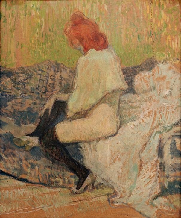 Henri de Toulouse-Lautrec, Femme rousse, Justine Dieuhl (Bett,Erotik,Frau,Prostitution,Strumpf,Schönheit,Akt,Prostituierte,Französische Kunst,Erotische Kunst,Halbakt,Rote Haare,Bordell,Damenstrumpf)