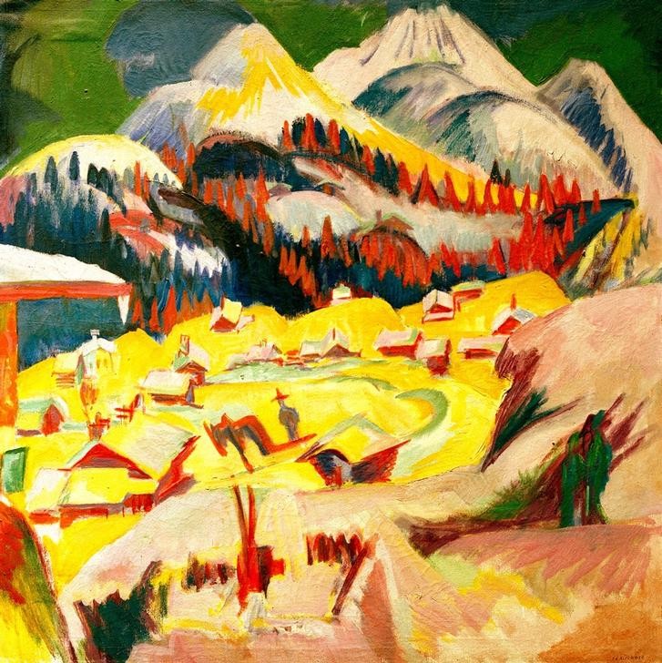 Ernst Ludwig Kirchner, Frauenkirch im Winter (Deutsche Kunst,Dorf,Gebirge,Jahreszeiten,Kunst,Landschaft,Winter,Expressionismus,Die Brücke)
