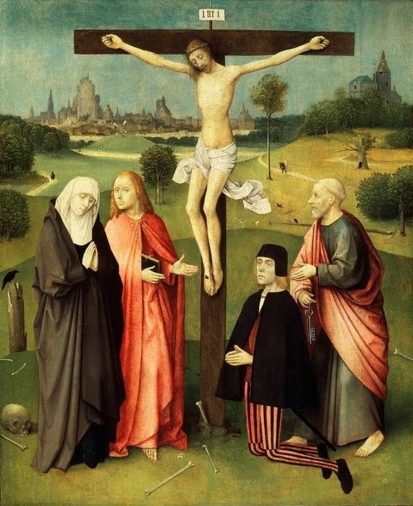 Hieronymus Bosch, Die Kreuzigung (Christentum,Religion,Gotik,Neues Testament,Bibel,Kreuzigung,Stifterbildnis,Niederländische Kunst,Passion Christi)