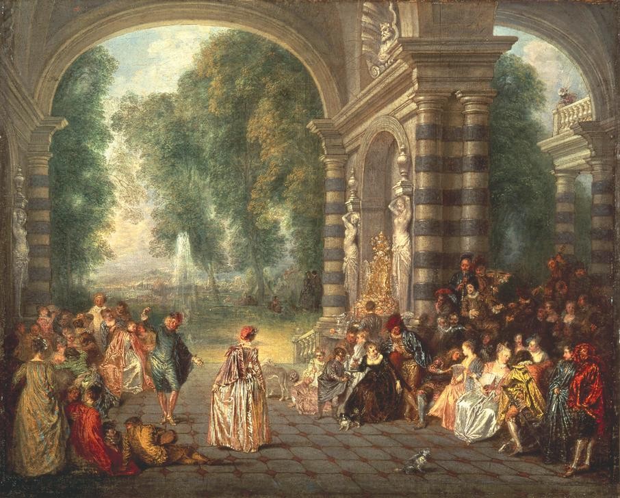 Jean-Antoine Watteau, Les Plaisirs du Bal (Gesellschaft, Ball  Fest,  Menschen, Musik, Park, Tanz,  Höfisch, Adel, Arkaden, Mode, Rokoko, Wohnzimmer,   Klassiker,  Wunschgröße)
