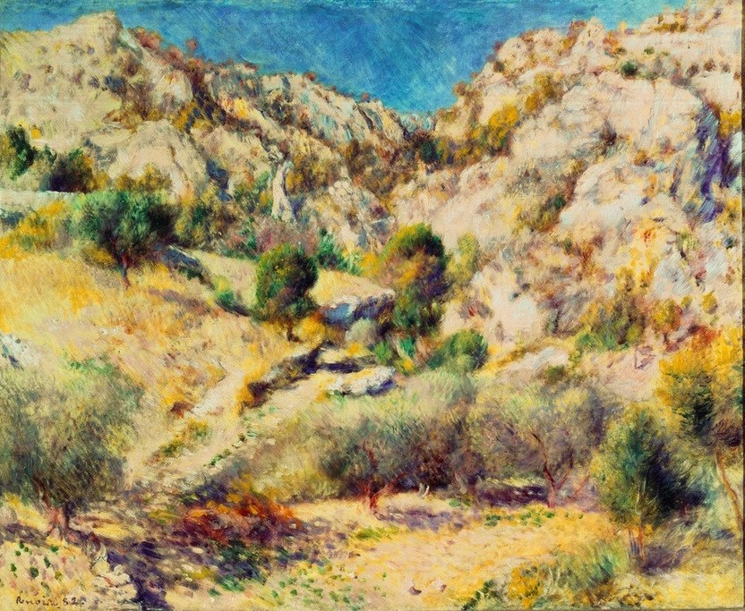 Pierre-Auguste Renoir, Berge am Estaque (Landschaft, Berge, Felsen, Frankreich, Impressionismus, klassische Moderne, Wunschgröße, Wohnzimmer, Malerei)