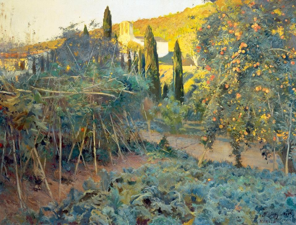 Joaquim Mir, El huerto de la Ermita (Garten, Gemüse, Obstbau, Gemüsegarten, Obstgarten, Kohl, Einsiedelei, Gemüsebeet, mediterran, Zypressen, Landschaftsmalerei, Landschaft, Einsiedelei, Post-Modernisme, Malerei, Klassische Moderne, Wunschgröße, Wohnzimmer, Treppenhaus, bunt)