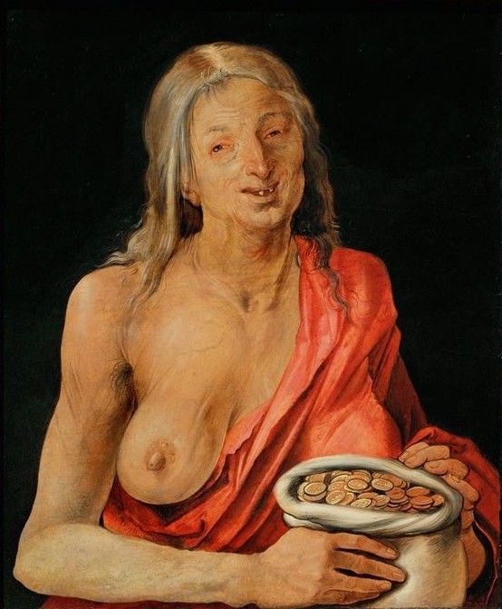 Albrecht Dürer, Alte Frau mit Geldsack (Deutsche Kunst,Frau,Geld,Laster,Tugenden Und Laster,Geiz,Alter,Renaissance,Akt,Allegorie,Vanitas,Greisin,Halbakt,Hals,Alte Frau,Geldsack)
