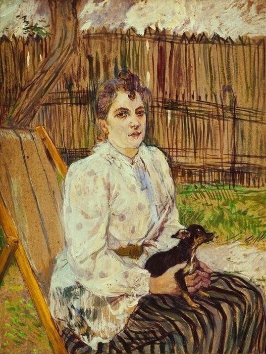 Henri de Toulouse-Lautrec, Frau mit Hund (Frau,Jugendstil,Mensch,Hund,Portrait,Französische Kunst,Schosshund,Liegestuhl,Menschen Im Garten,Garten)