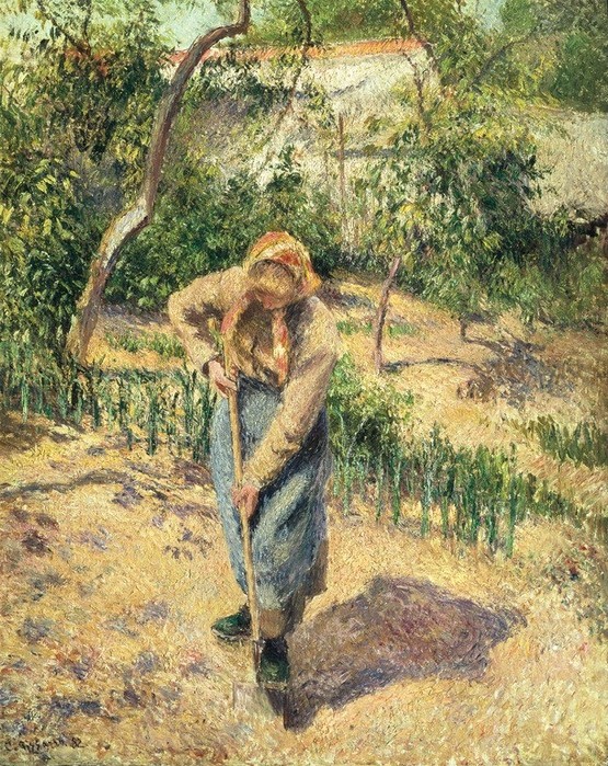 Camille Pissarro, Bäuerin bei der Gartenarbeit (Arbeit,Frau,Geräte,Volkskunde,Impressionismus,Werkzeug,Portrait,Bäuerin,Gartenarbeit,Französische Kunst,Spaten,Menschen Im Garten,Ganzfigurig,Umgraben,Land Und Leute,Graben (Tätigkeit),Landwirtschaft)