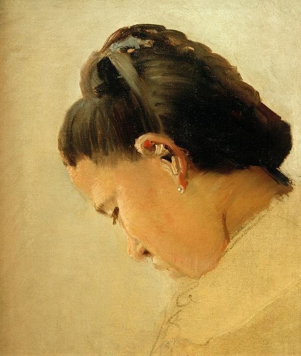 Georges Seurat, Tête de jeune fille (Kopf eines jungen Mädchens) (junge Frau, Mädchen, Portrait, Profil, Flechtfrisur, Impressionismus, Perlohring,  Klassische Moderne, Pointillismus, Wunschgröße, Wohnzimmer, Malerei, bunt)