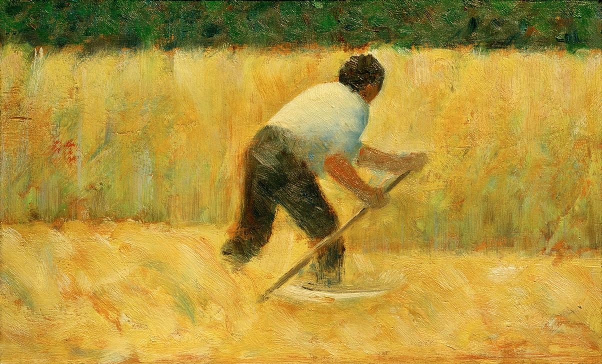Georges Seurat, Le Faucheur (Der Mäher) (Landarbeit, Bauer, Ernte, Mähen, Getreideanbau, Feld, Landleben, Getreidefeld,  Feldarbeit, Klassische Moderne, Impressionismus, Wunschgröße, Wohnzimmer, Malerei, bunt)