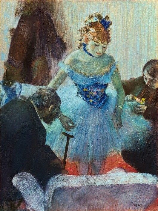 Edgar Degas, Tänzerin in der Garderobe (Ballett,Musik,Schneider,Tänzerin,Tanz,Theater,Impressionismus,Ankleiden,Garderobe,Französische Kunst,Anprobe,Ballerina,Schneiderin,Hinter Den Kulissen)