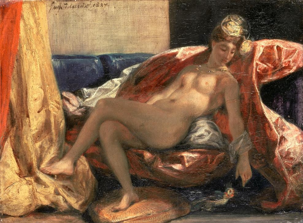 Eugene Delacroix, La femme au perroquet / Femme caressant un perroquet (Frau, Nackt, Erotik, lasziv, Papagei, Spätromantik, Klassiker, Wunschgröße, Malerei, Wohnzimmer, Schlafzimmer, bunt)