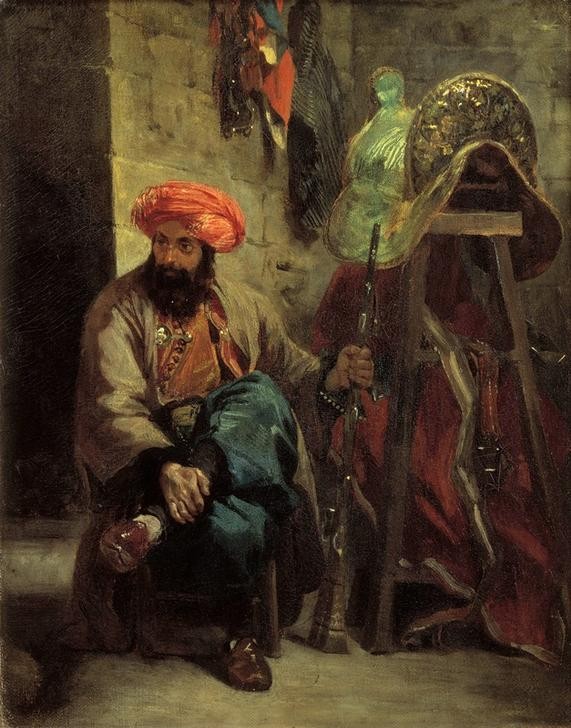 Eugene Delacroix, Le Turc à la selle (Gewehr, Mann,  Türke, Gewehr, Waffe, Sattel,  Wachtposten, Menschen, Wunschgröße, Spätromantik, Klassiker, Malerei, Wohnzimmer, bunt)