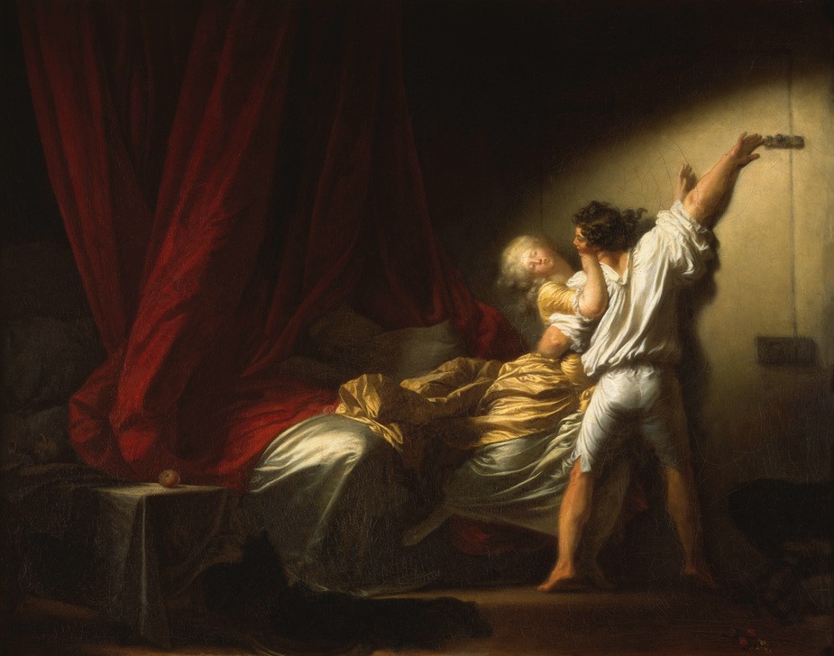 Jean-Honoré Fragonard, Le verrou (Bett, Erotik, Paar, Gewalt, Riegel, Türschloss, einsperren, Nötigung, Erregung, Verbrechen, Wohnzimmer, Rokoko, Malerei, Wunschgröße  Klassiker, bunt)